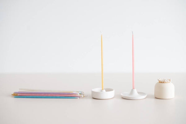 Giving Set with natural beeswax gala thin candles, handmade ceramic mini candle holders and match striker.